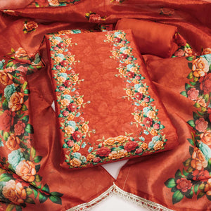 Premium Rust Floral Digital Printed Cotton Silk Dress Material With Moti Handwork
