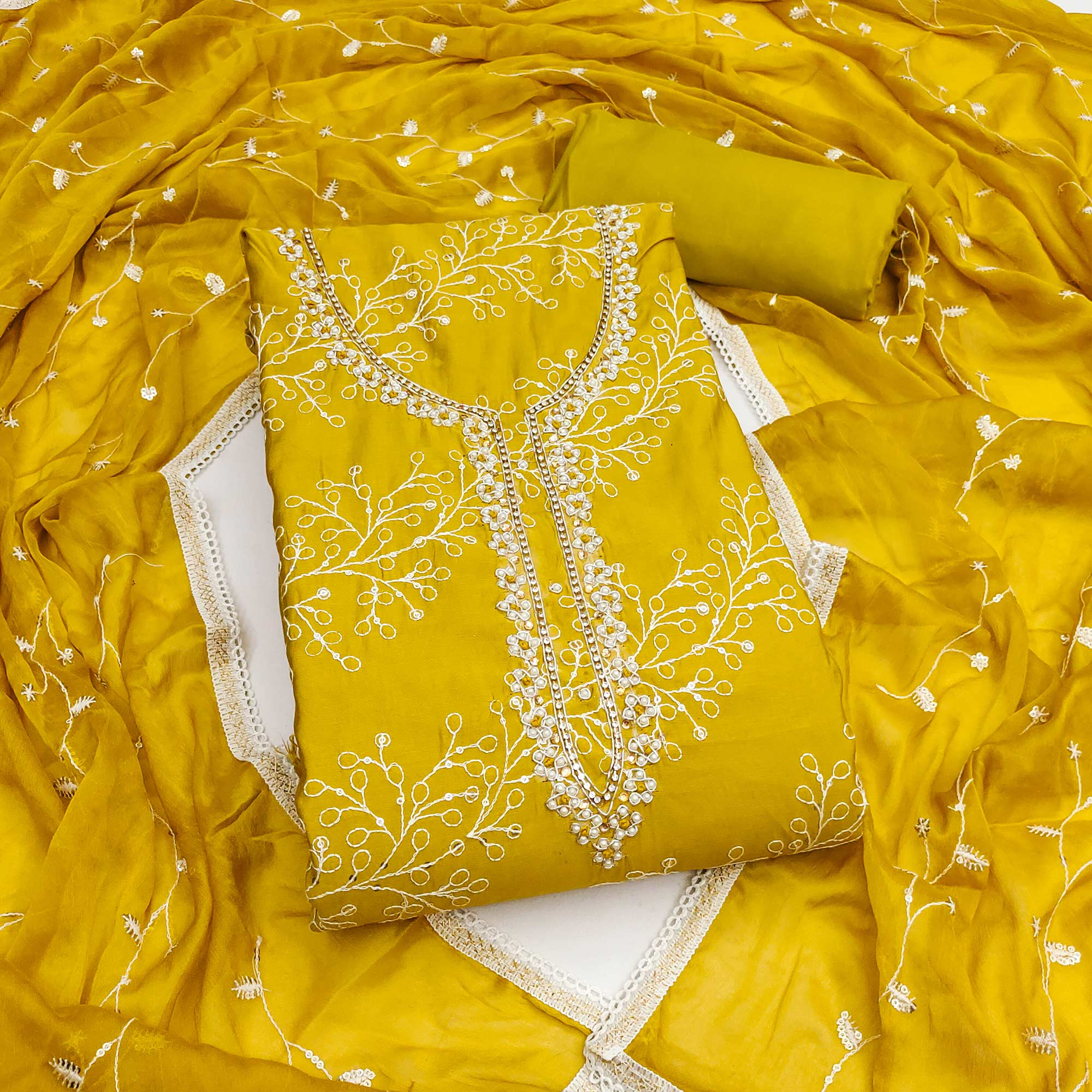 Exclusive Dark Mustard Floral Embroidery Cotton Silk Dress Material Enhanced With Moti & Sequin Work