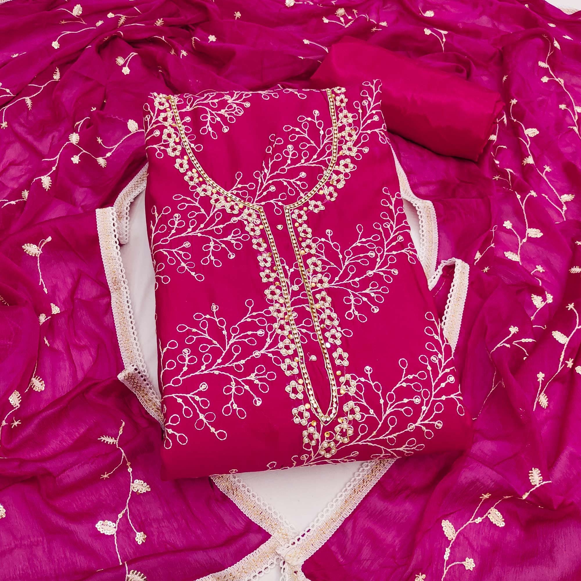 Exclusive Rani Pink Floral Embroidery Cotton Silk Dress Material Enhanced With Moti & Sequins Work