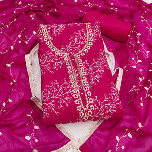 Exclusive Rani Pink Floral Embroidery Cotton Silk Dress Material Enhanced With Moti & Sequins Work