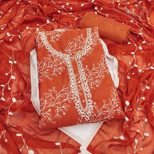 Exclusive Rust Floral Embroidery Cotton Silk Dress Material Enhanced With Moti & Sequins Work
