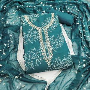 Exclusive Teal Floral Embroidery Cotton Silk Dress Material Enhanced With Moti & Sequins Work