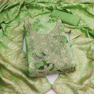 Designer Green Floral Weaving Banarasi Silk Dress Material With Intricate Cording Embroidery