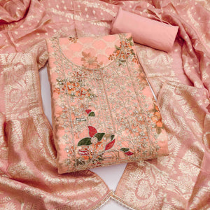 Designer Peach Floral Weaving Banarasi Silk Dress Material With Intricate Cording Embroidery