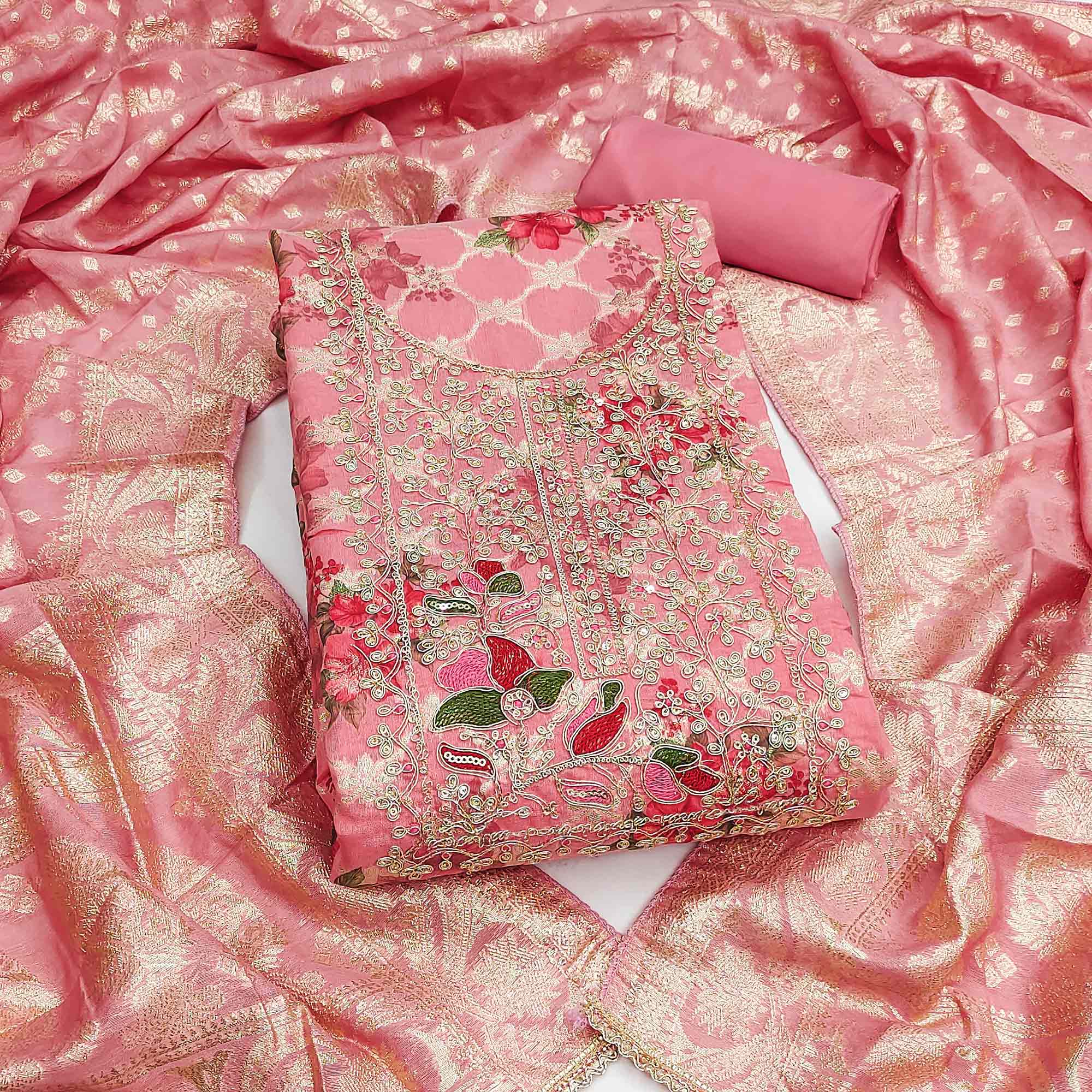 Designer Pink Floral Weaving Banarasi Silk Dress Material With Intricate Cording Embroidery