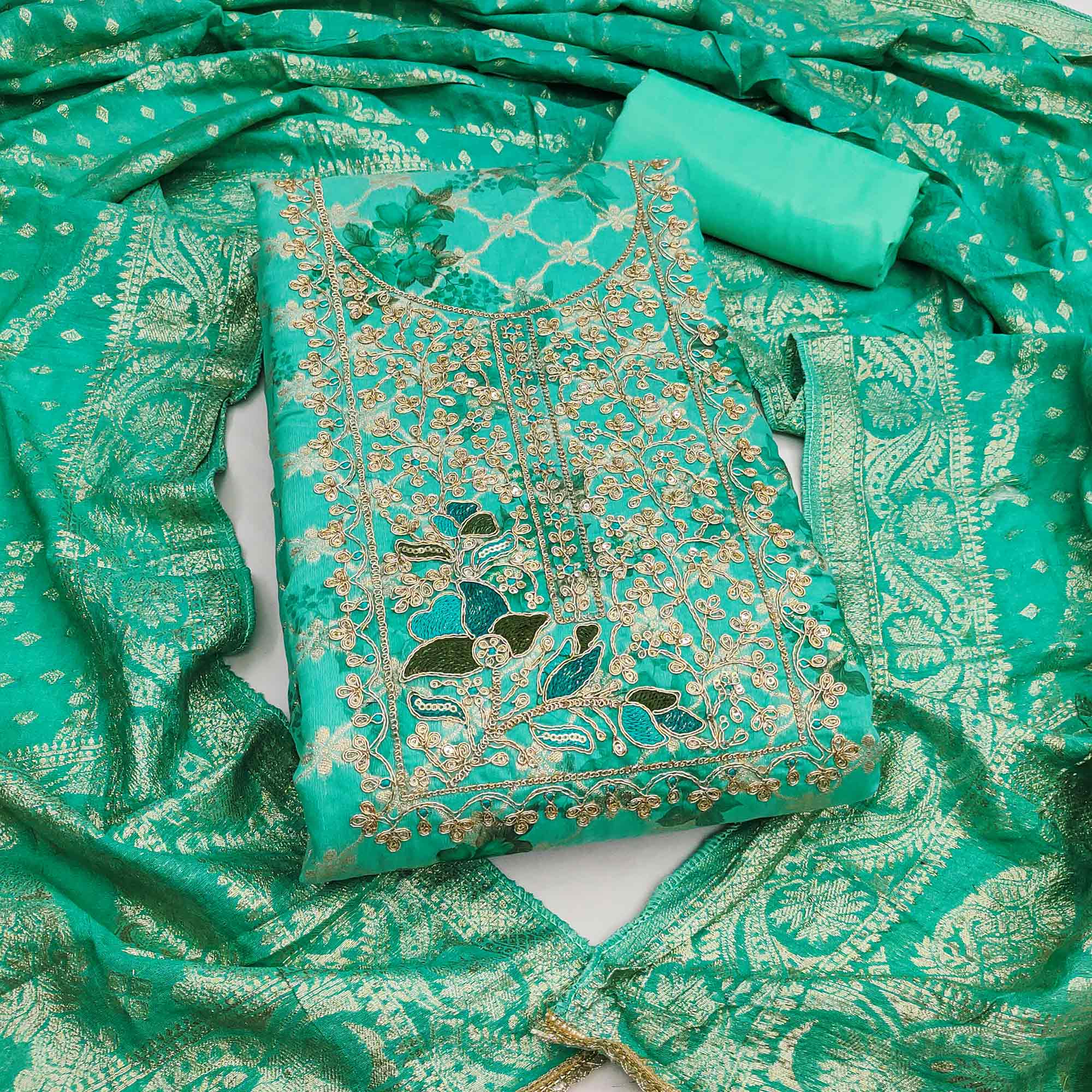 Designer Turquoise Floral Weaving Banarasi Silk Dress Material With Intricate Cording Embroidery