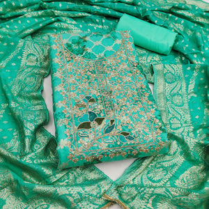 Designer Turquoise Floral Weaving Banarasi Silk Dress Material With Intricate Cording Embroidery