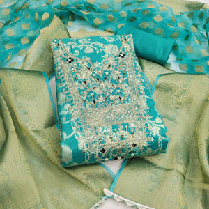 Turquoise Banarasi Silk Dress Material Featuring Floral Weaving With Cording & Sequins Embroidery