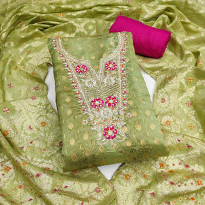 Elegant Pista Green Floral Weaving & Digital Print Organza Dress Material With Cording Embroidery