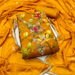 Exclusive Mustard Floral Printed Cotton Silk Dress Material Adorned With Beads & Moti Handwork