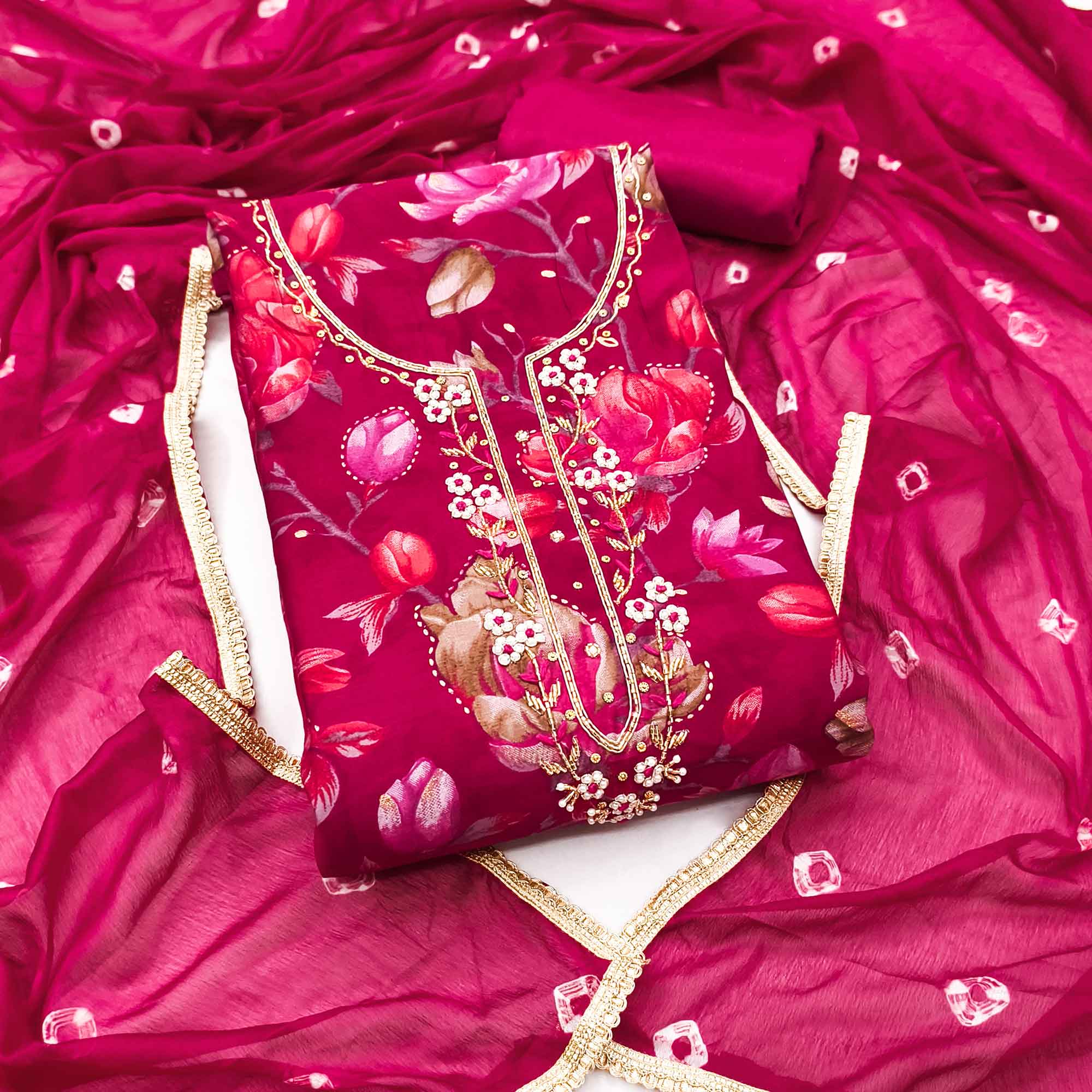 Exclusive Pink Floral Printed Cotton Silk Dress Material Adorned With Beads & Moti Handwork