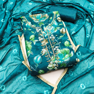Exclusive Teal Floral Printed Cotton Silk Dress Material Adorned With Beads & Moti Handwork