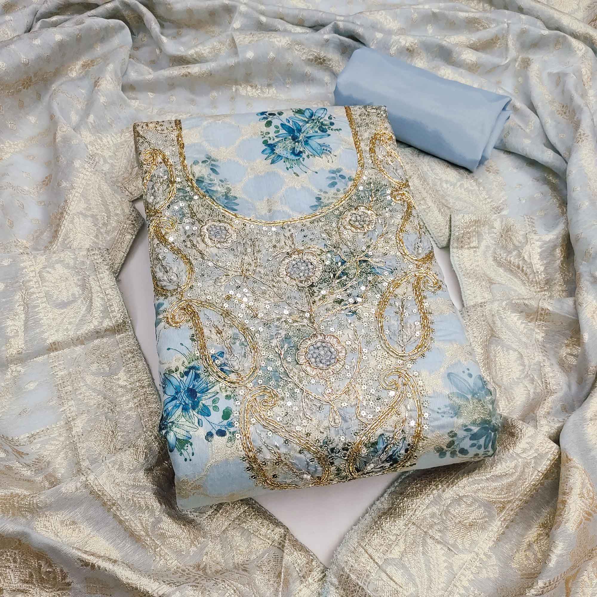 Blue Floral Weaving & Digital Printed Banarasi Silk Dress Material With Cording Embroidery