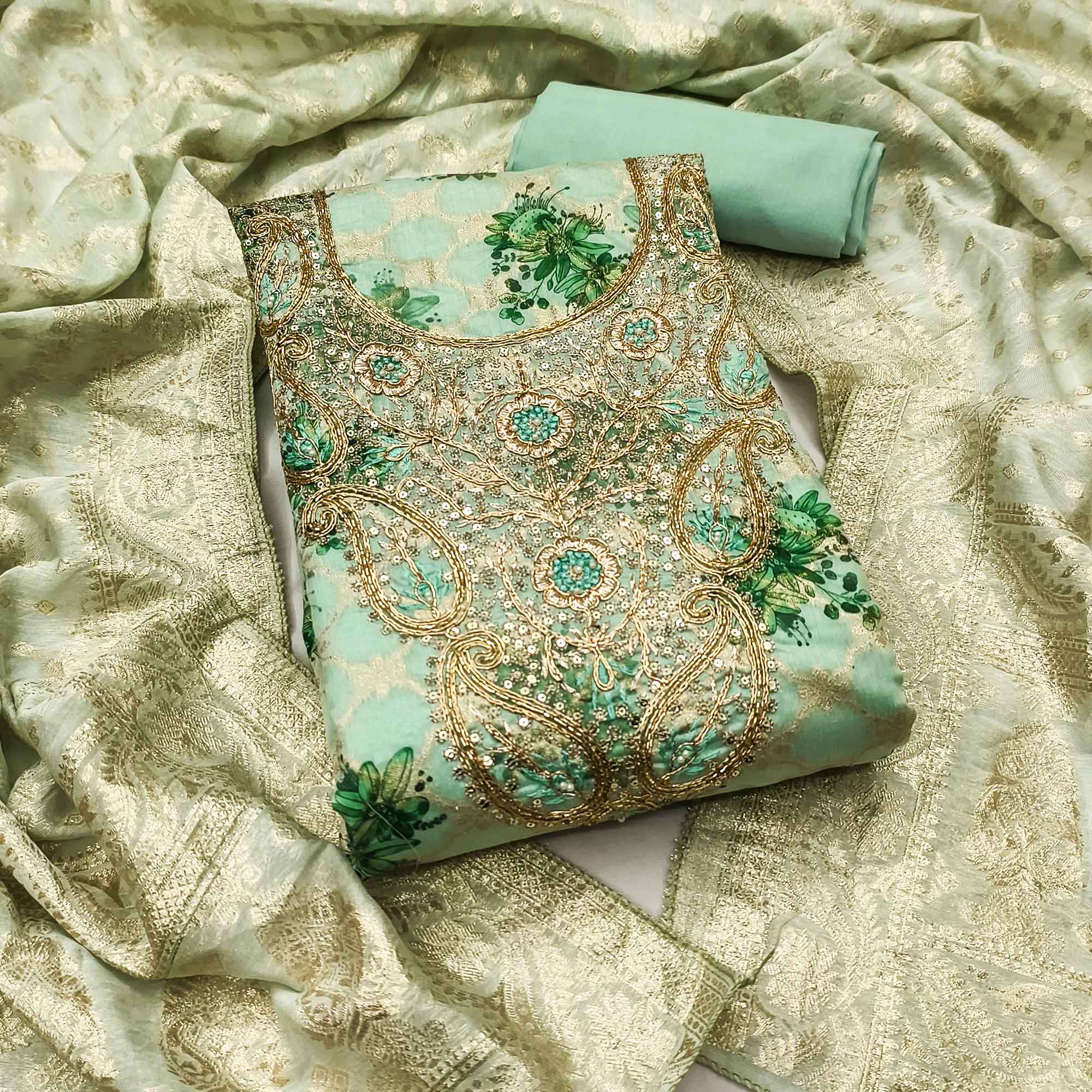 Green Floral Weaving & Digital Printed Banarasi Silk Dress Material With Cording Embroidery