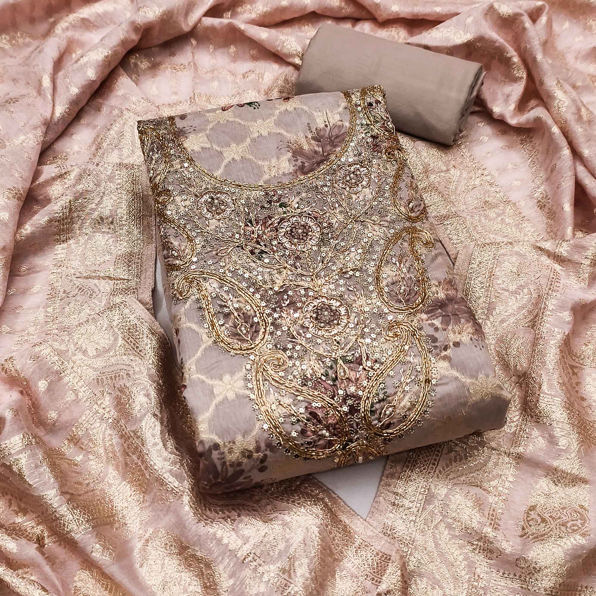 Pastel Mauve Floral Weaving & Digital Printed Banarasi Silk Dress Material With Cording Embroidery