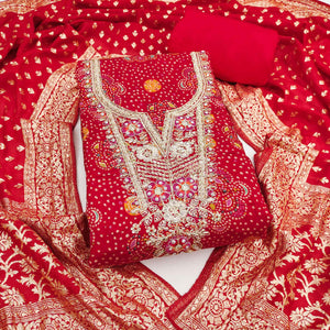 Premium Red Bandhani Print Cotton Silk Dress Material Featuring Floral Cording Embroidery Work