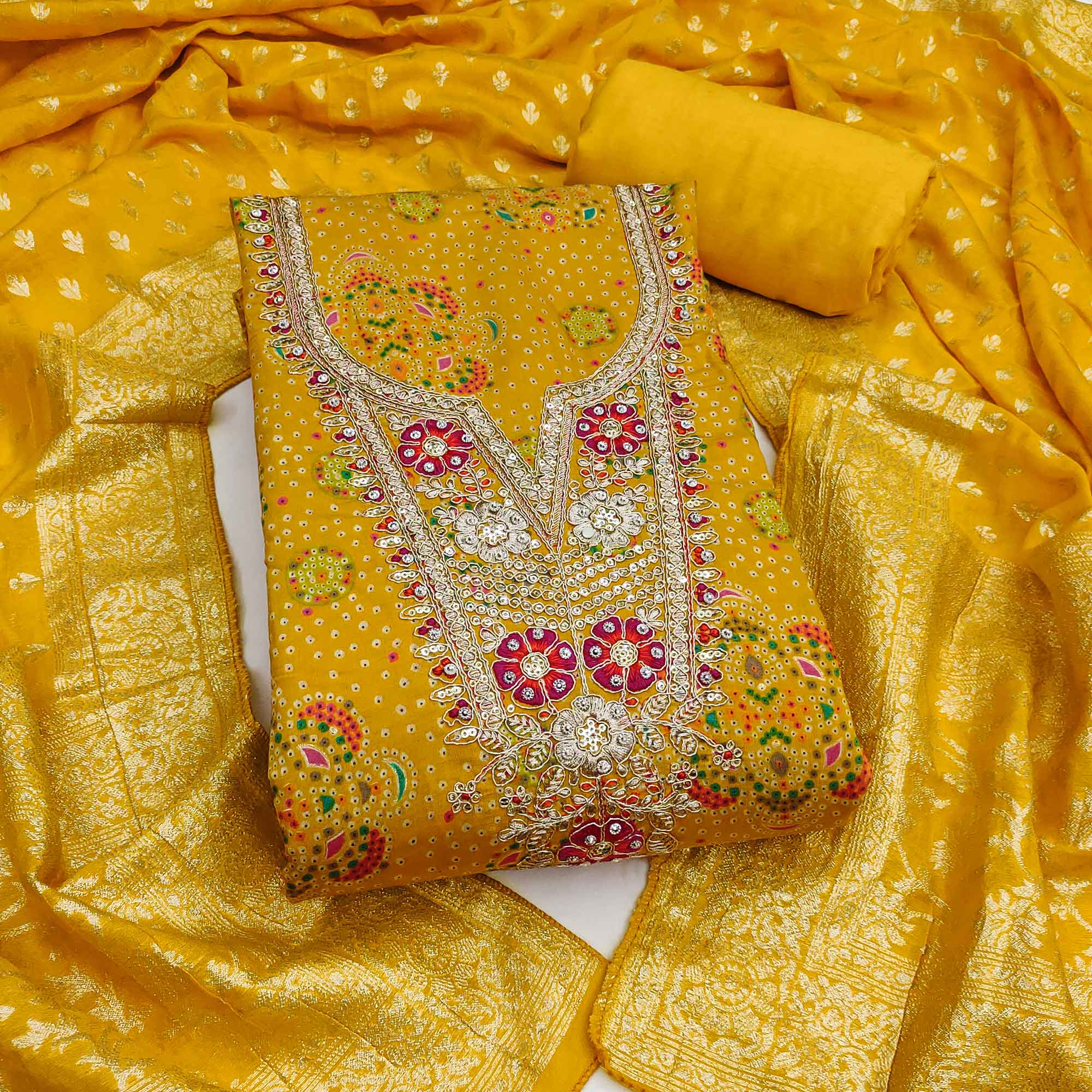 Premium Yellow Bandhani Print Cotton Silk Dress Material Featuring Floral Cording Embroidery Work