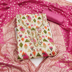 Premium Pink Geometric Print Cotton Silk Dress Material Featuring Moti & Sequins Handwork