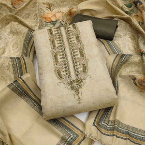 Exclusive Light Olive Floral Print Shimmer Dress Material Adorned With Swarovski Embellishments