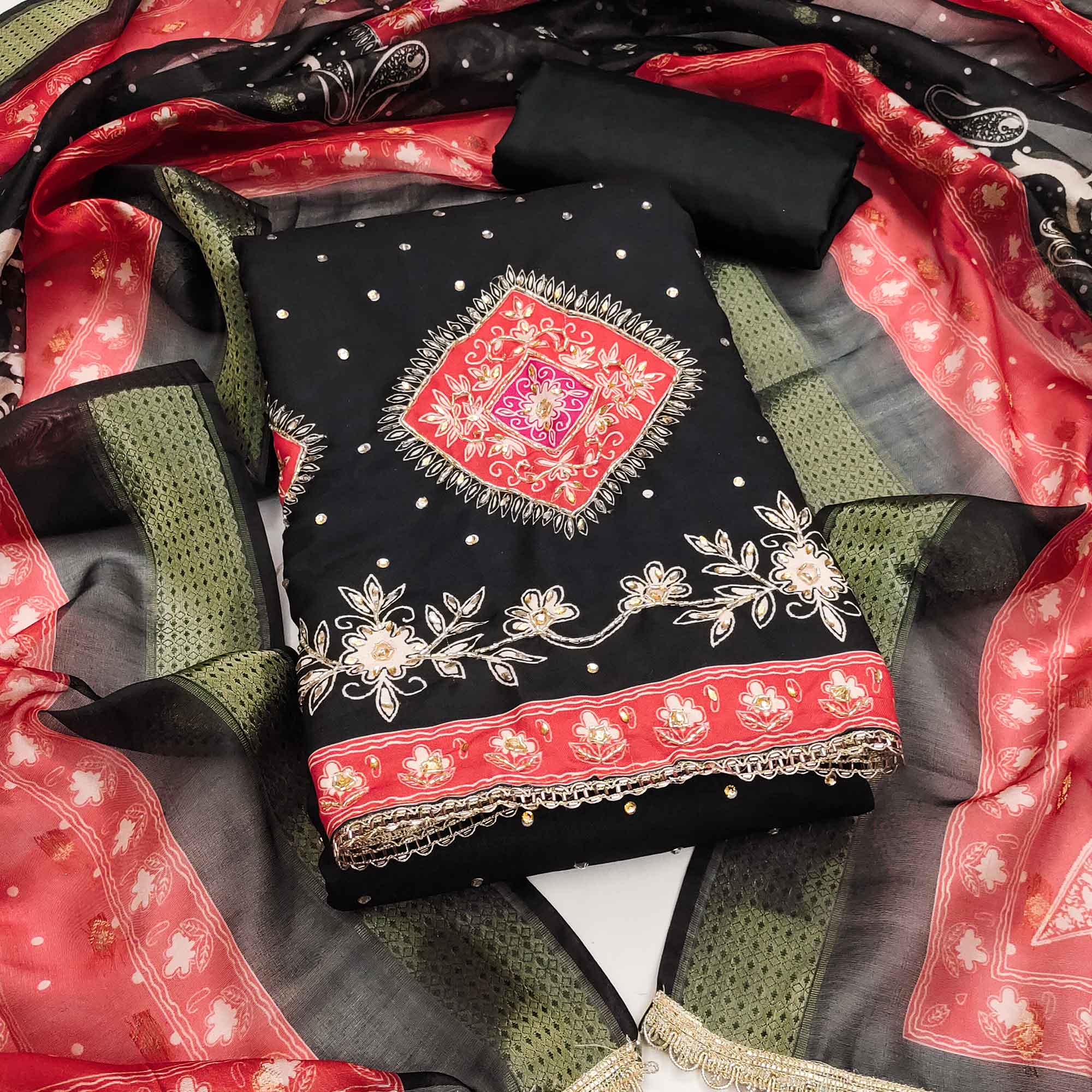 Classic Black Floral Digital Printed With Stone Work Rayon Dress Material