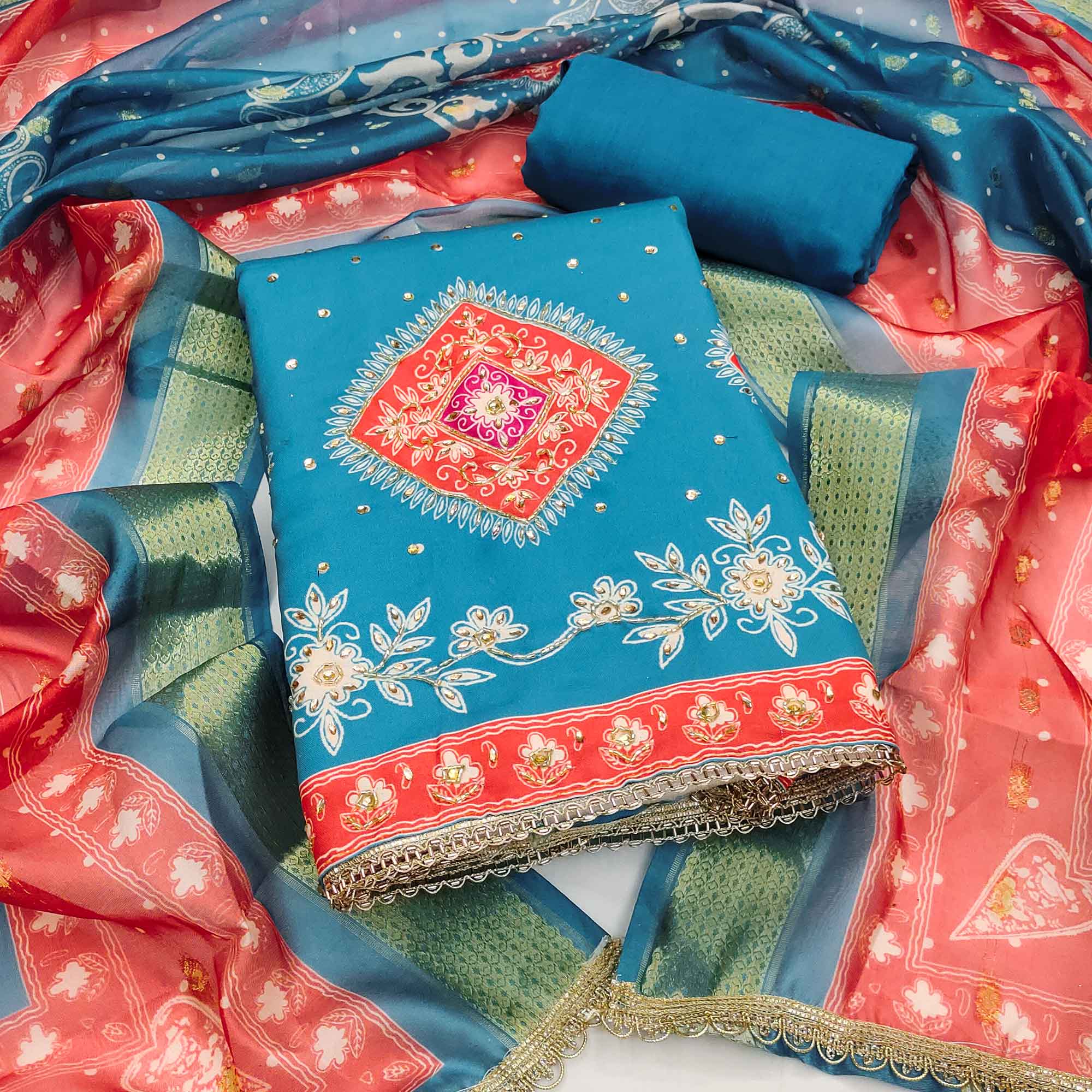 Classic Blue Floral Digital Printed With Stone Work Rayon Dress Material