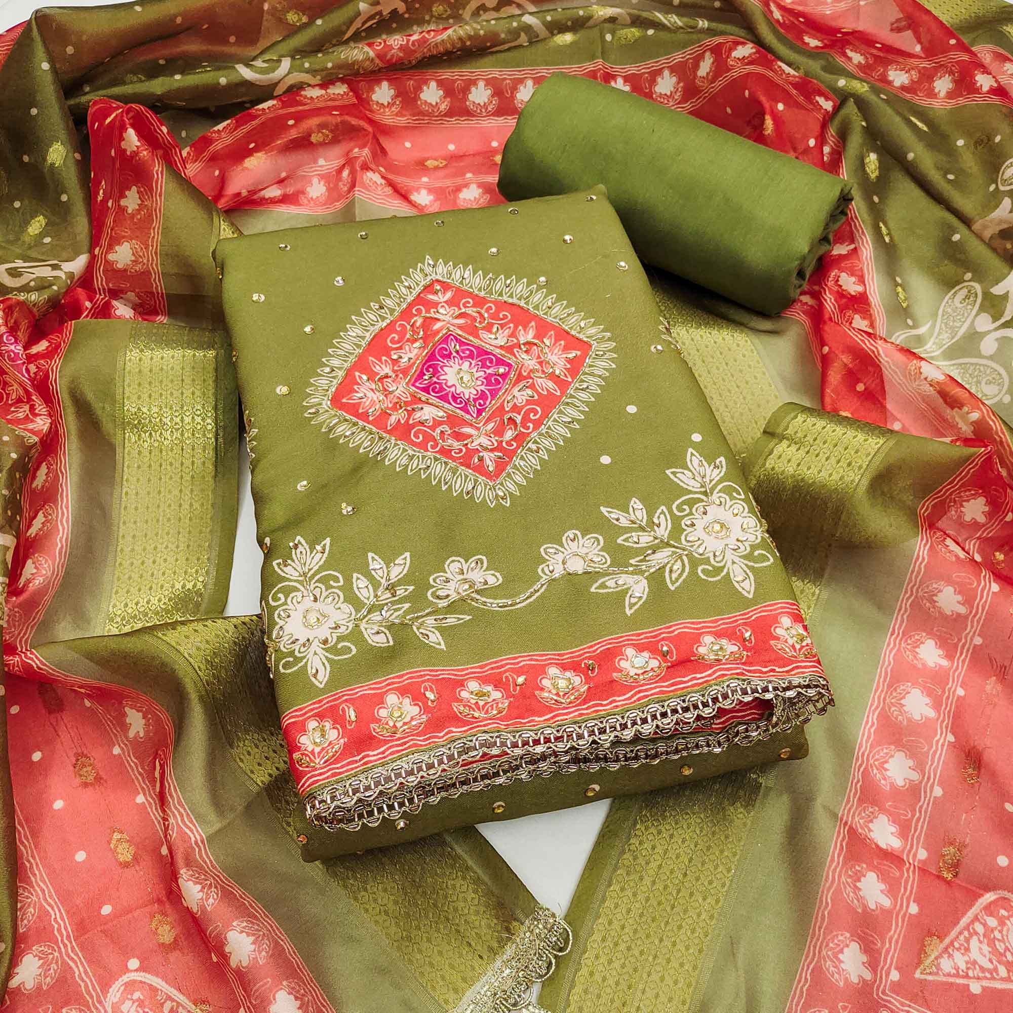 Classic Green Floral Digital Printed With Stone Work Rayon Dress Material