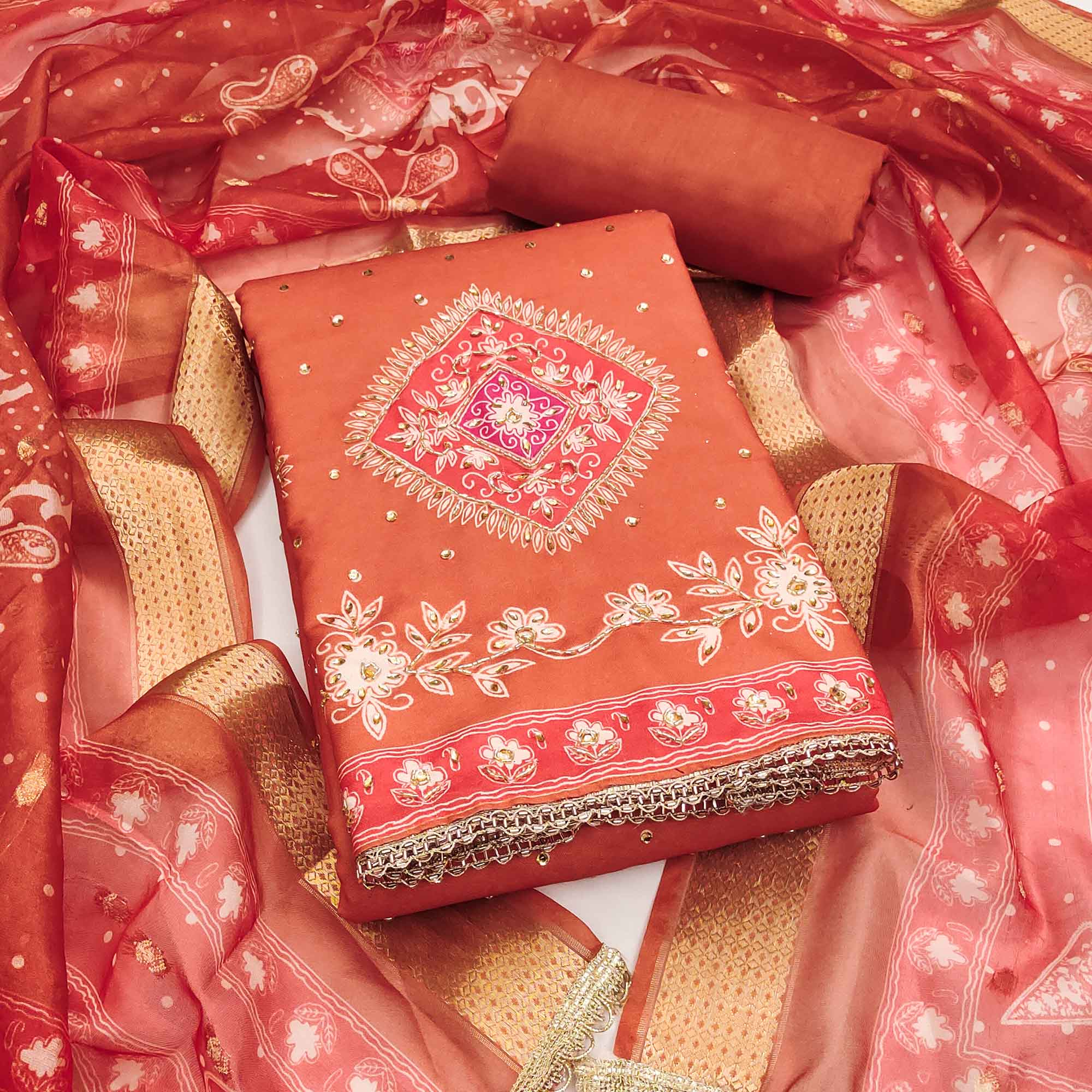 Classic Orange Rust Floral Digital Printed With Stone Work Rayon Dress Material