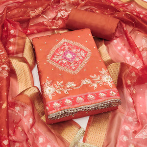 Classic Orange Rust Floral Digital Printed With Stone Work Rayon Dress Material