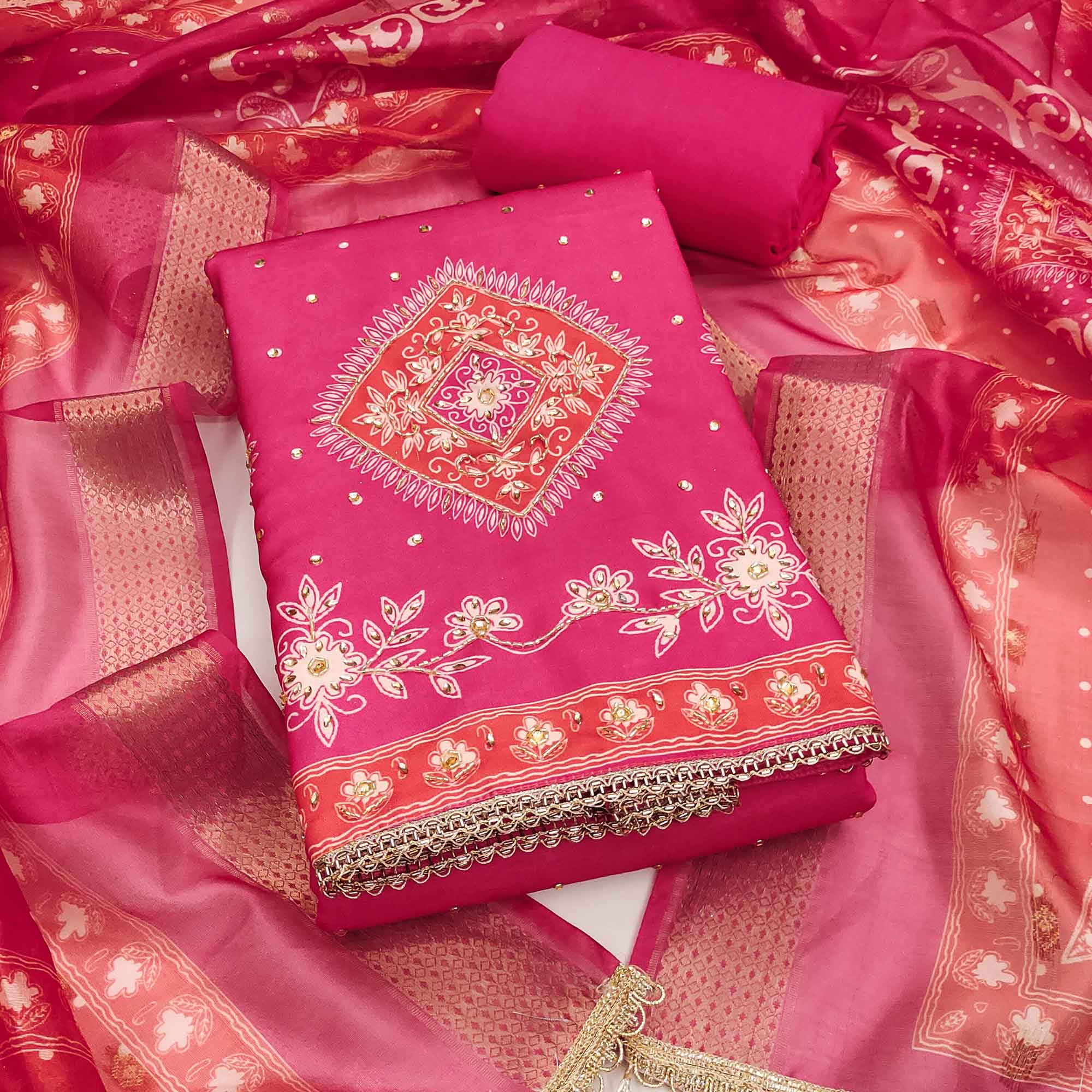 Classic Rani Pink Floral Digital Printed With Stone Work Rayon Dress Material