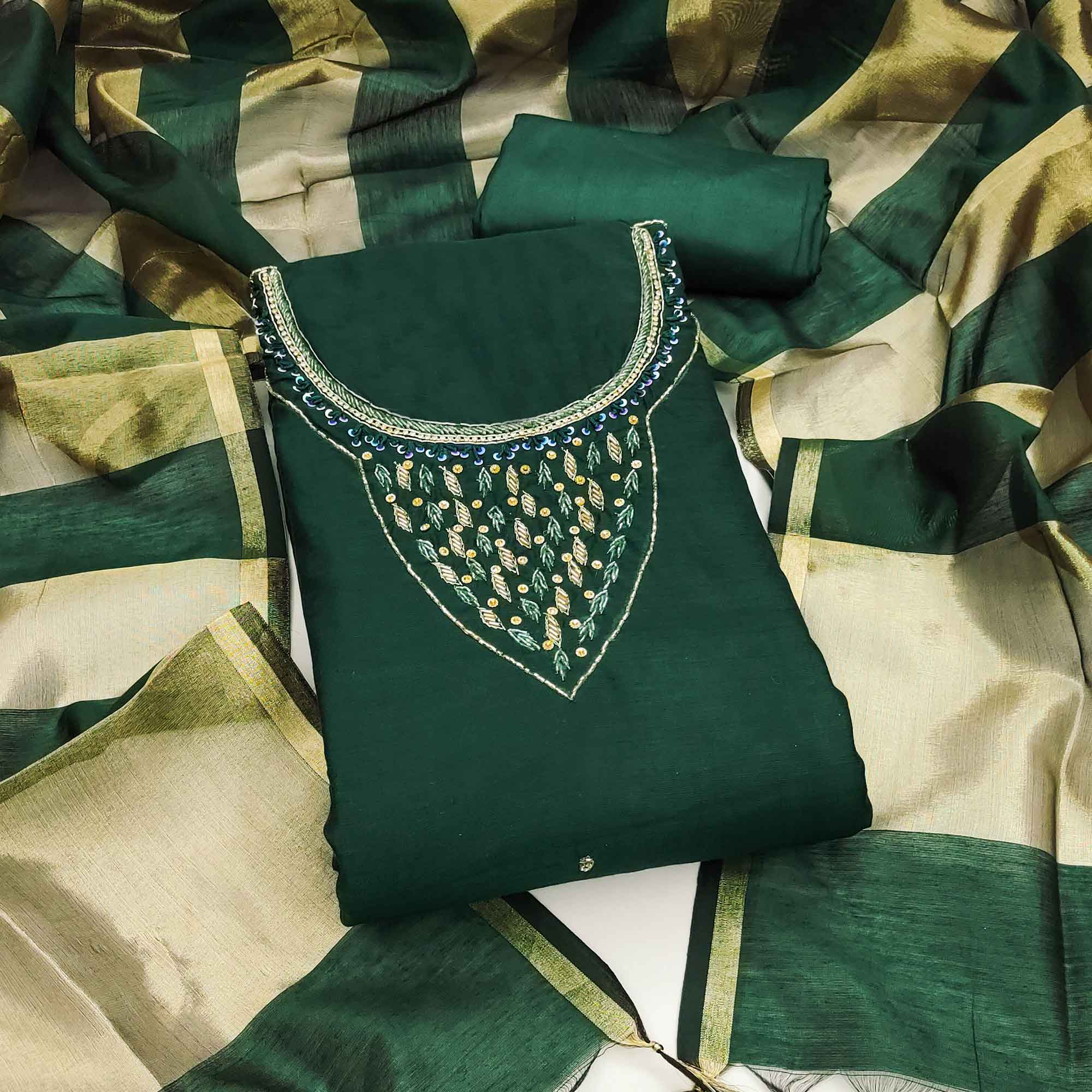 Elegant Green Beads & Sequins Handwork Chanderi Cotton Dress Material With Weaving Striped Pattern