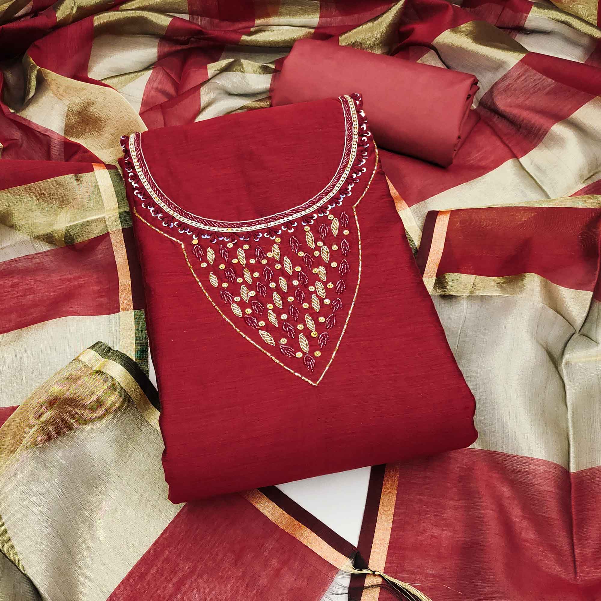 Elegant Maroon Beads & Sequins Handwork Chanderi Cotton Dress Material With Weaving Striped Pattern