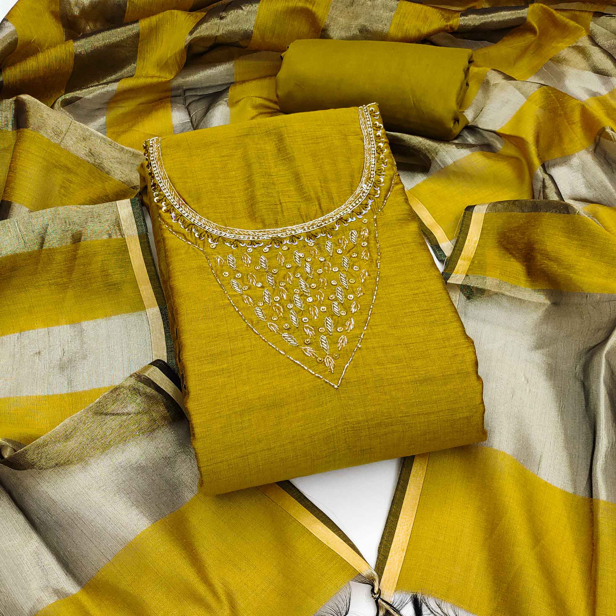 Elegant Mustard Beads & Sequins Handwork Chanderi Cotton Dress Material With Weaving Striped Pattern