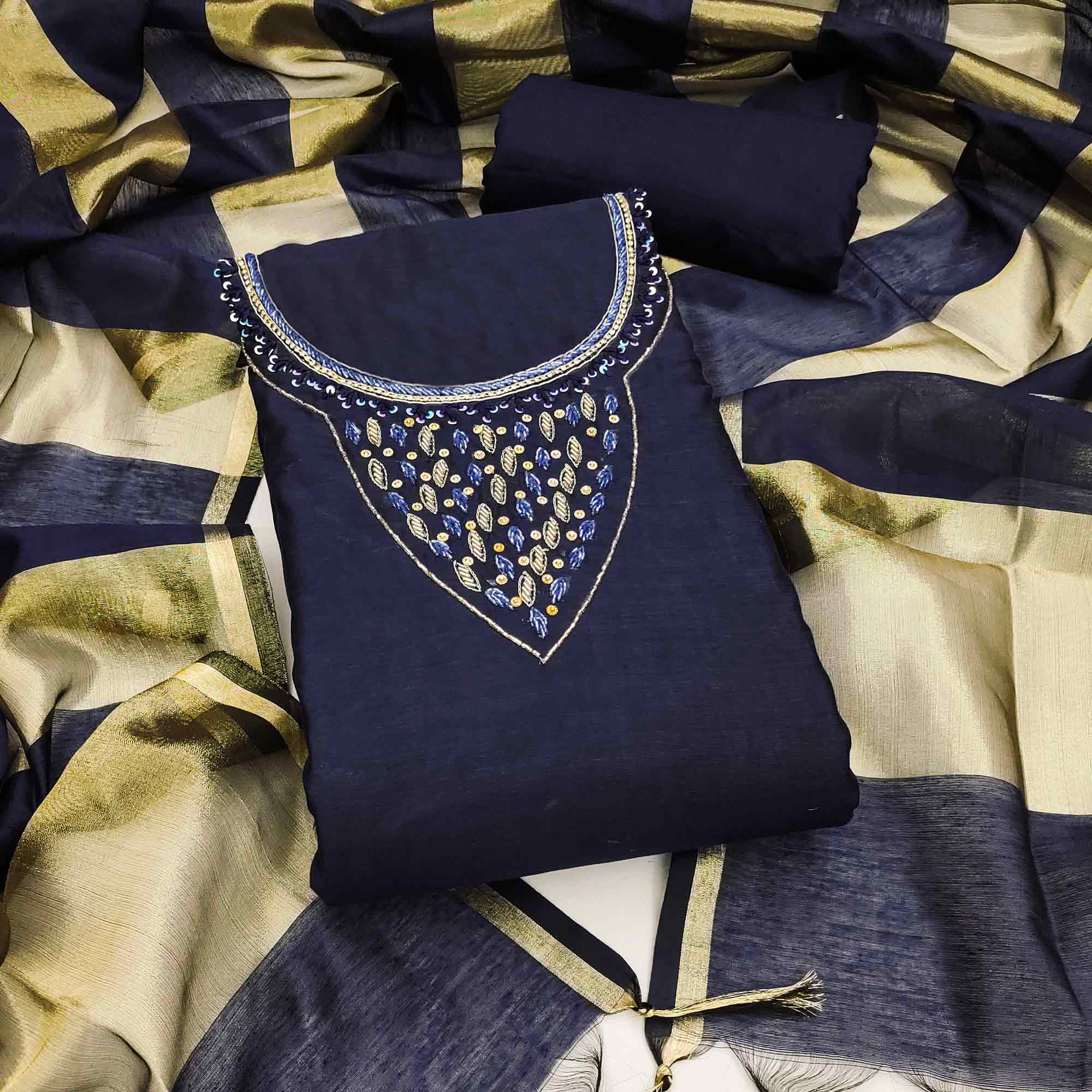 Elegant Navy Blue Beads & Sequins Handwork Chanderi Cotton Dress Material With Weaving Striped Pattern
