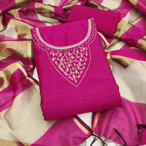 Elegant Pink Beads & Sequins Handwork Chanderi Cotton Dress Material With Weaving Striped Pattern