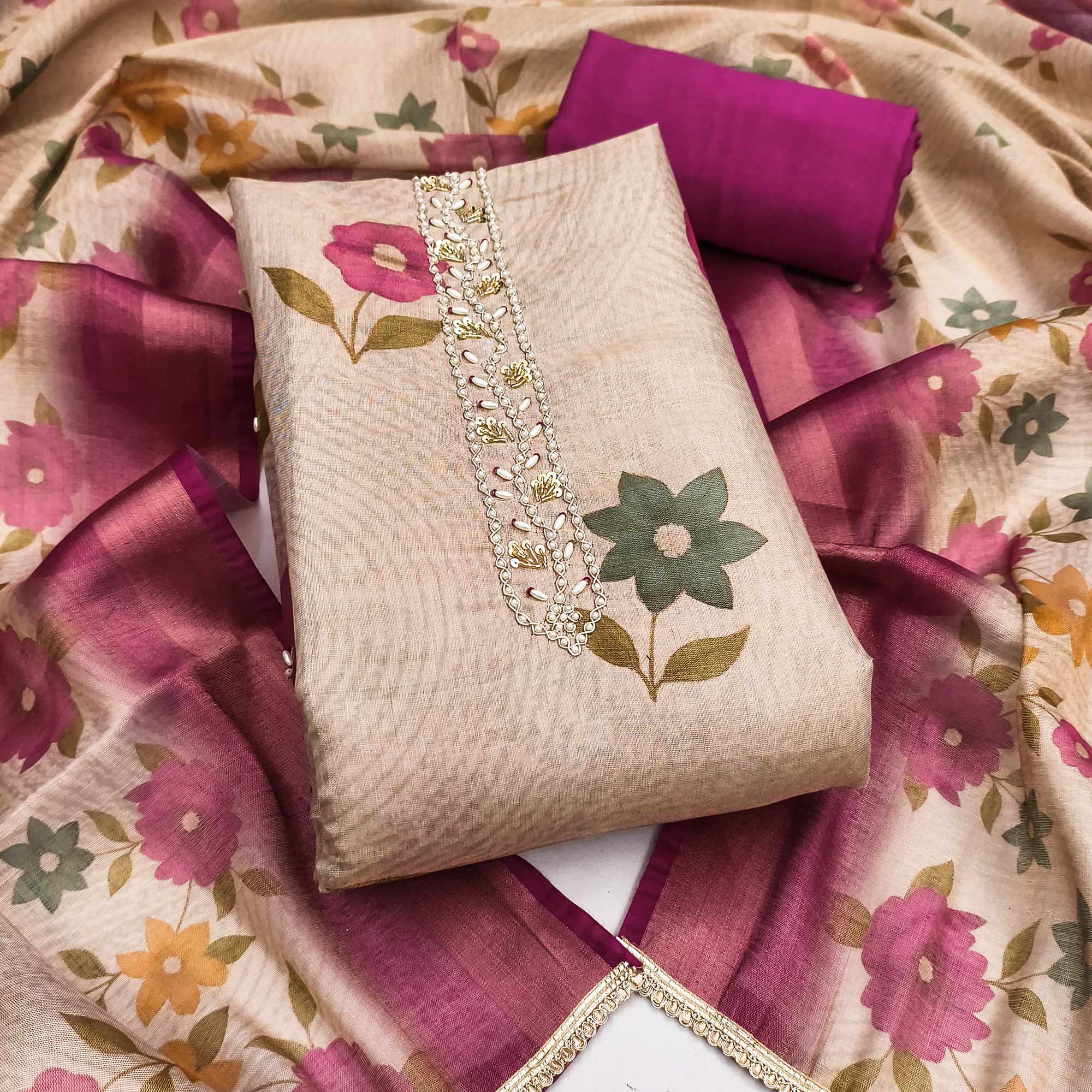Beige & Magenta Digital Floral Printed Shimmer Dress Material With Pearl & Cutdana Handwork
