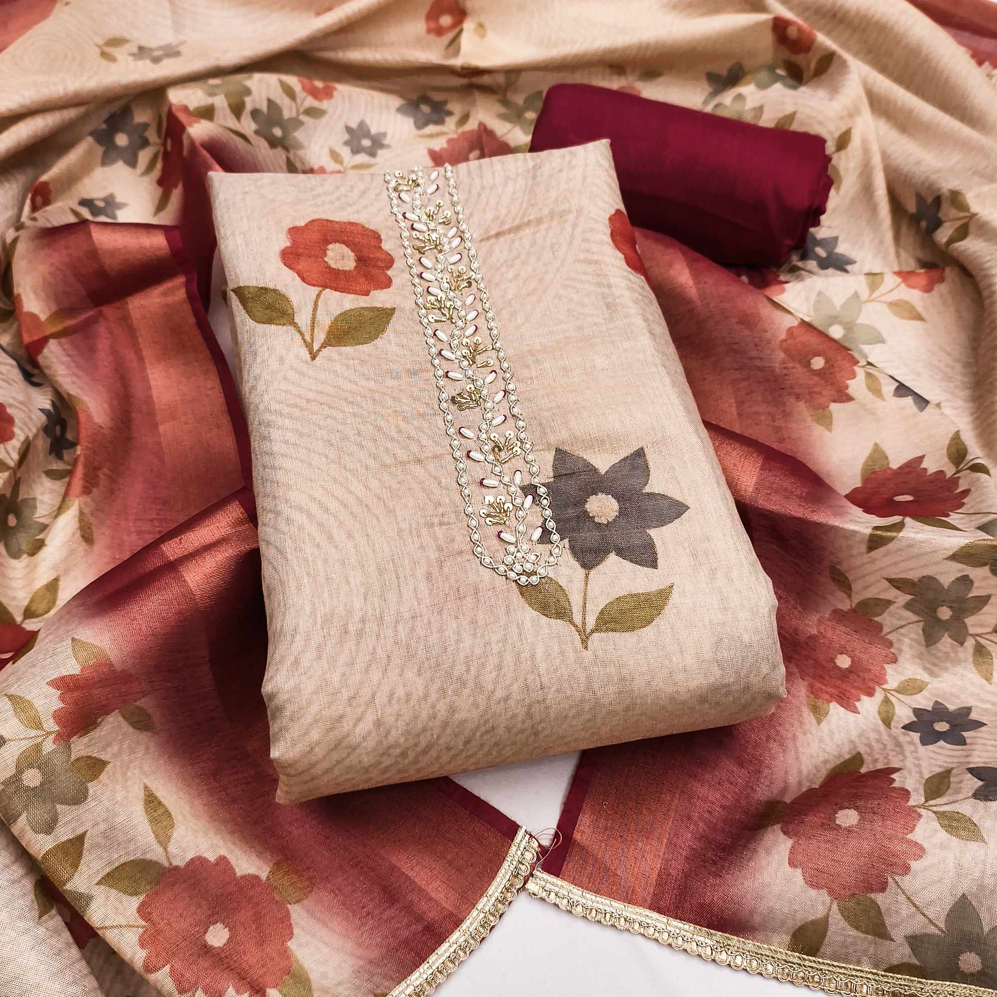 Beige & Maroon Digital Floral Printed Shimmer Dress Material With Pearl & Cutdana Handwork