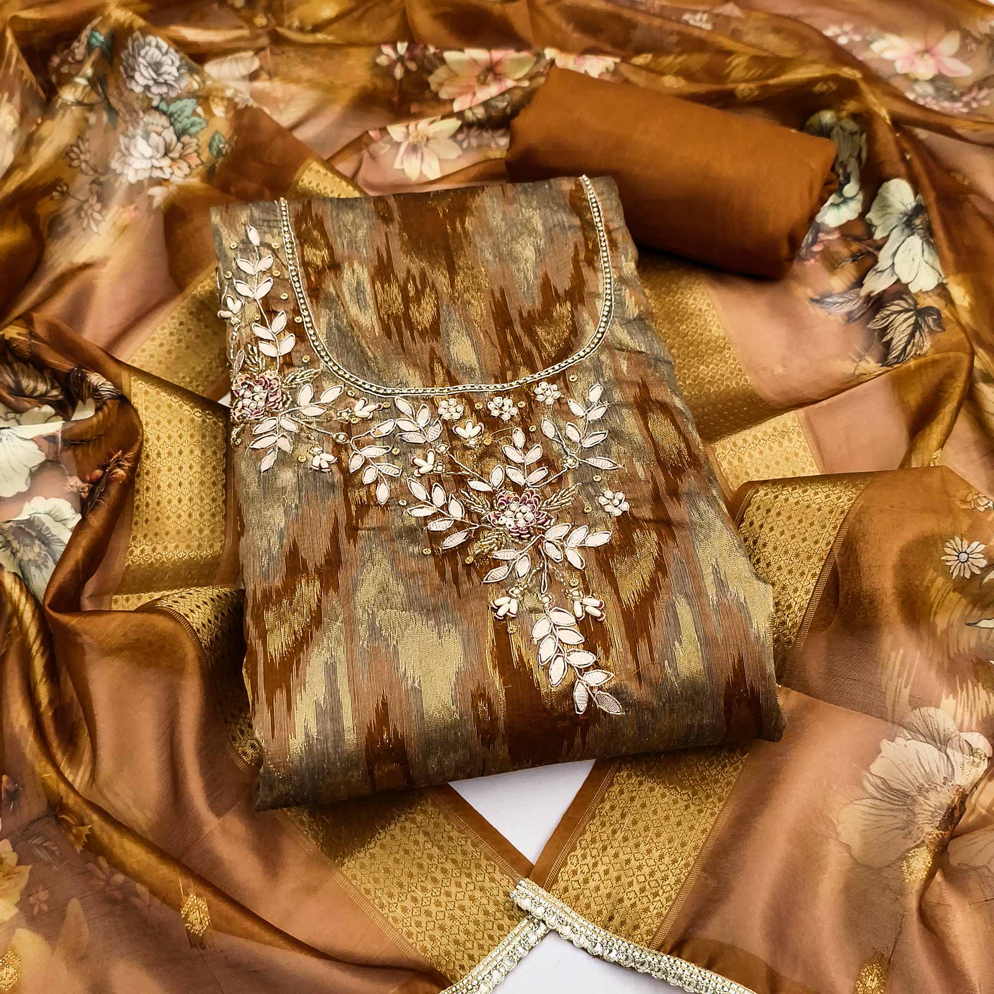 Luxury Dark Mustard Ikkat Woven Viscose Dress Material Adorned With Floral Pearl & Cutdana Handwork