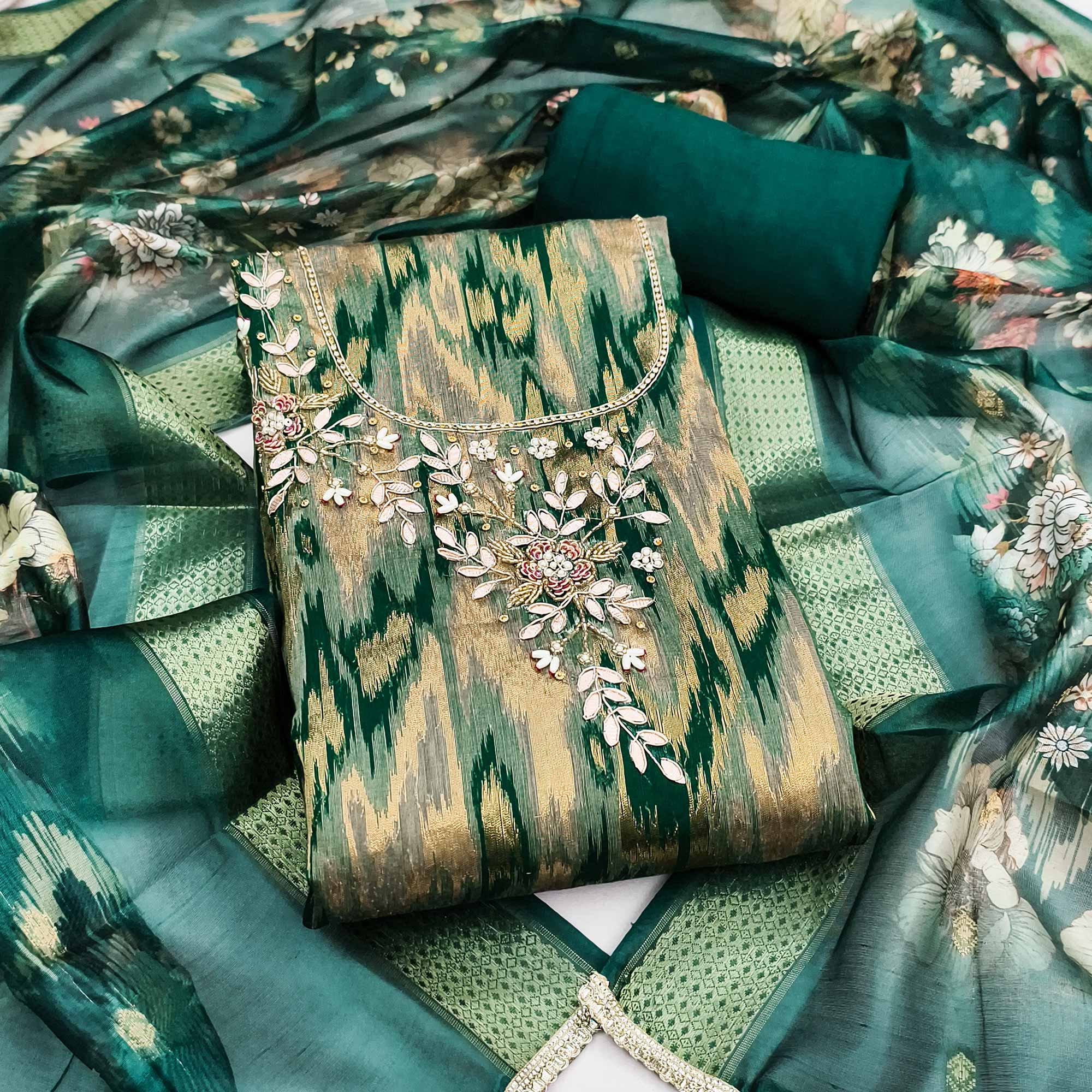 Luxury Teal Green Ikkat Woven Viscose Dress Material Adorned With Floral Pearl & Cutdana Handwork