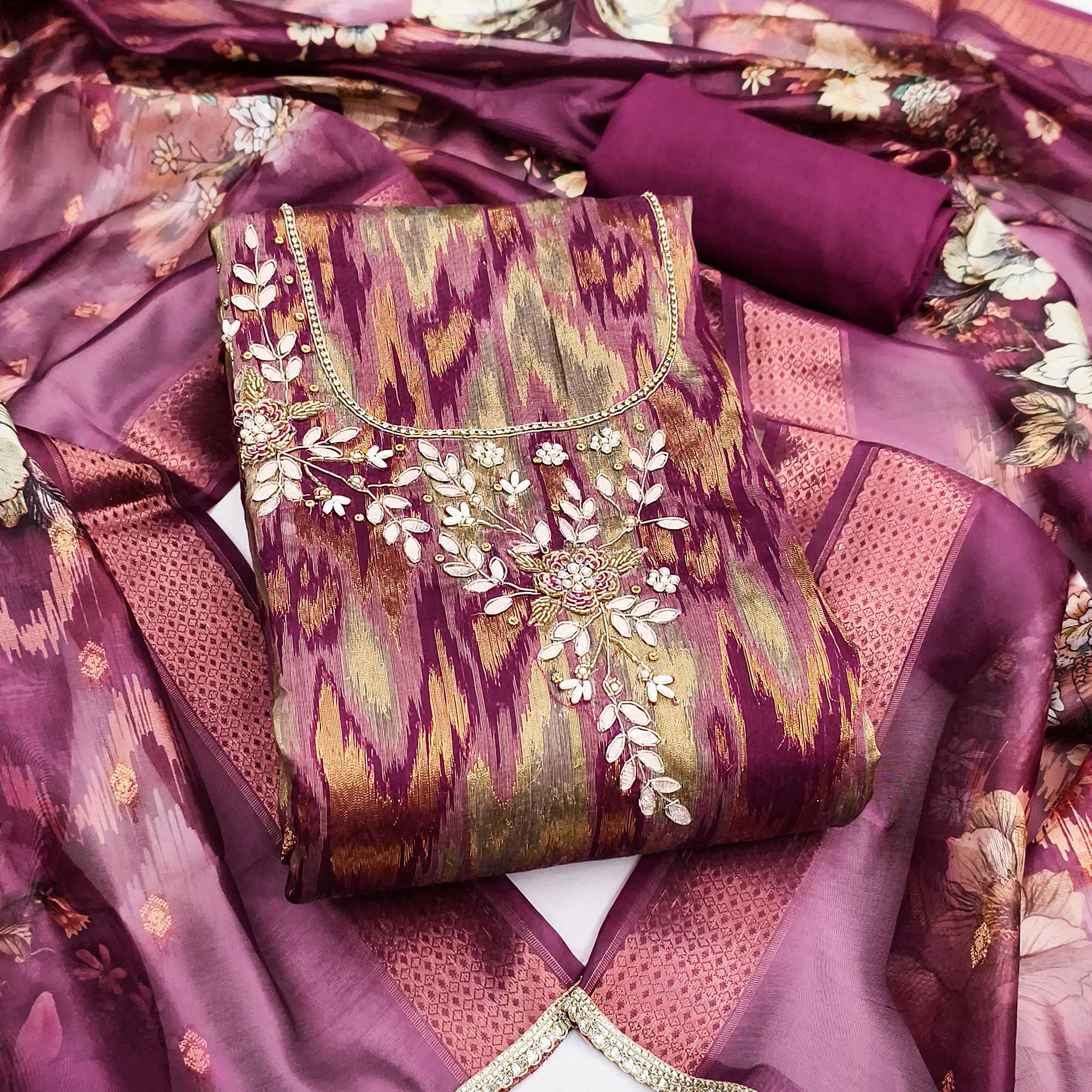 Luxury Wine Ikkat Woven Viscose Dress Material Adorned With Floral Pearl & Cutdana Handwork