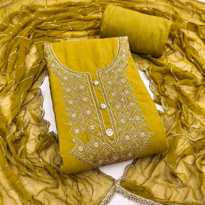 Stylish Mustard Floral Embroidered Viscose Dress Material Showcasing Elegant Cutdana Handwork