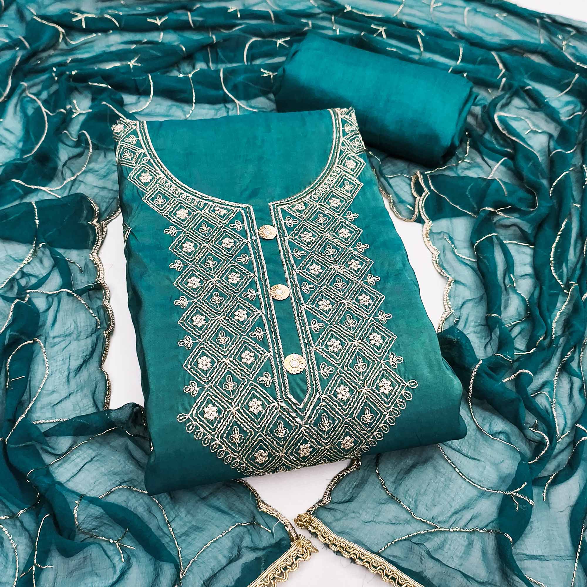 Stylish Teal Floral Embroidered Viscose Dress Material Showcasing Elegant Cutdana Handwork