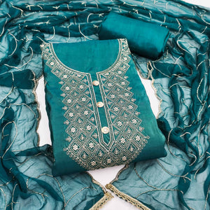 Stylish Teal Floral Embroidered Viscose Dress Material Showcasing Elegant Cutdana Handwork