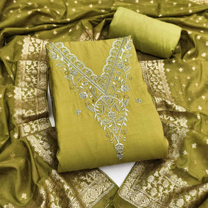 Exclusive Green Floral Embroidery Viscose Dress Material Enhanced With Cutdana Handwork Accents