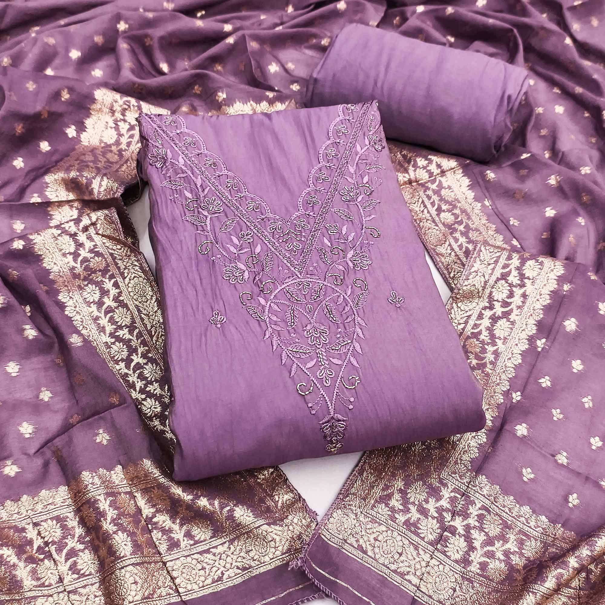 Exclusive Lavender Floral Embroidery Viscose Dress Material Enhanced With Cutdana Handwork Accents