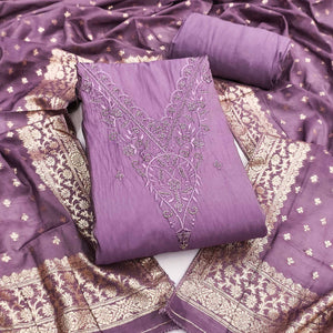Exclusive Lavender Floral Embroidery Viscose Dress Material Enhanced With Cutdana Handwork Accents