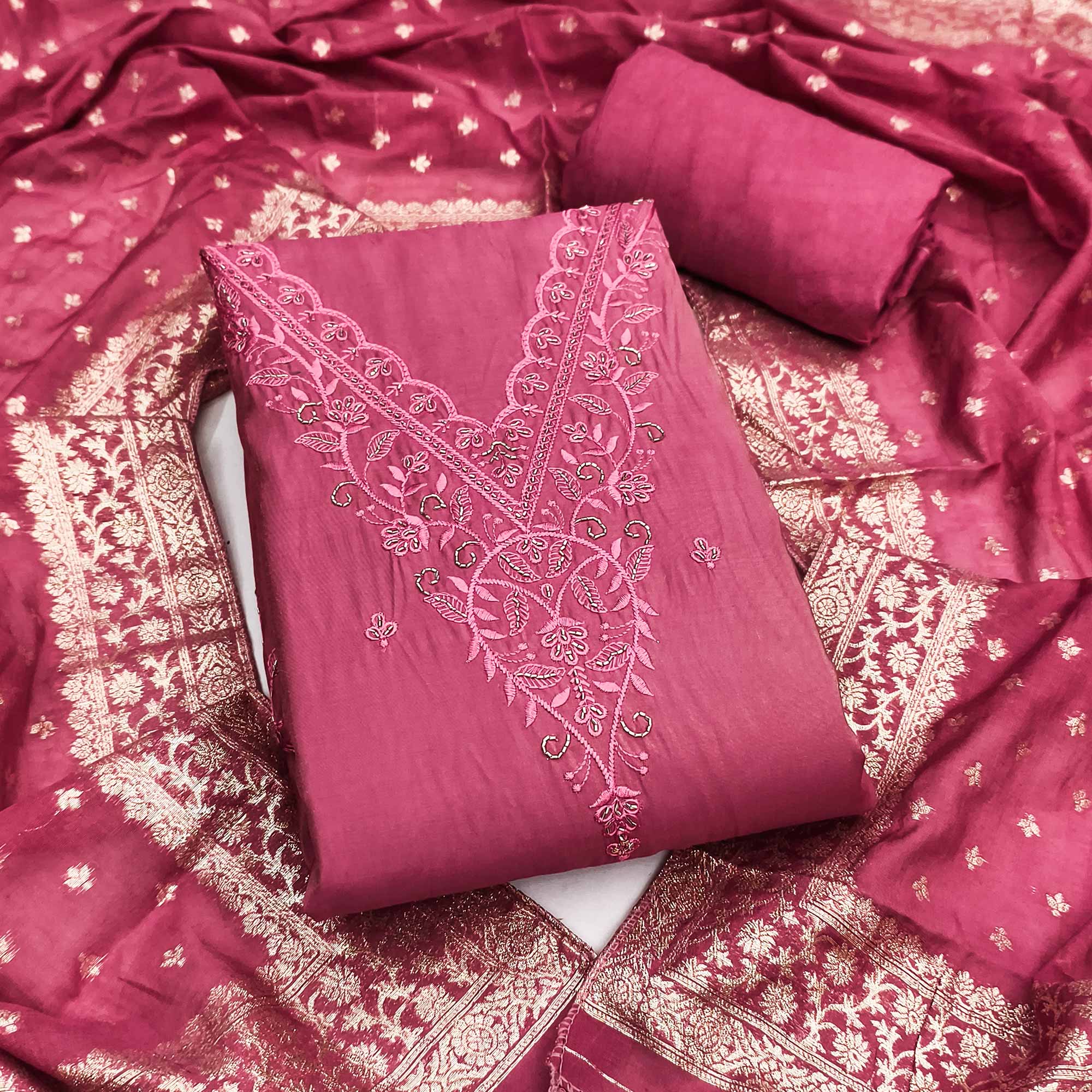 Exclusive Pink Floral Embroidery Viscose Dress Material Enhanced With Cutdana Handwork Accents
