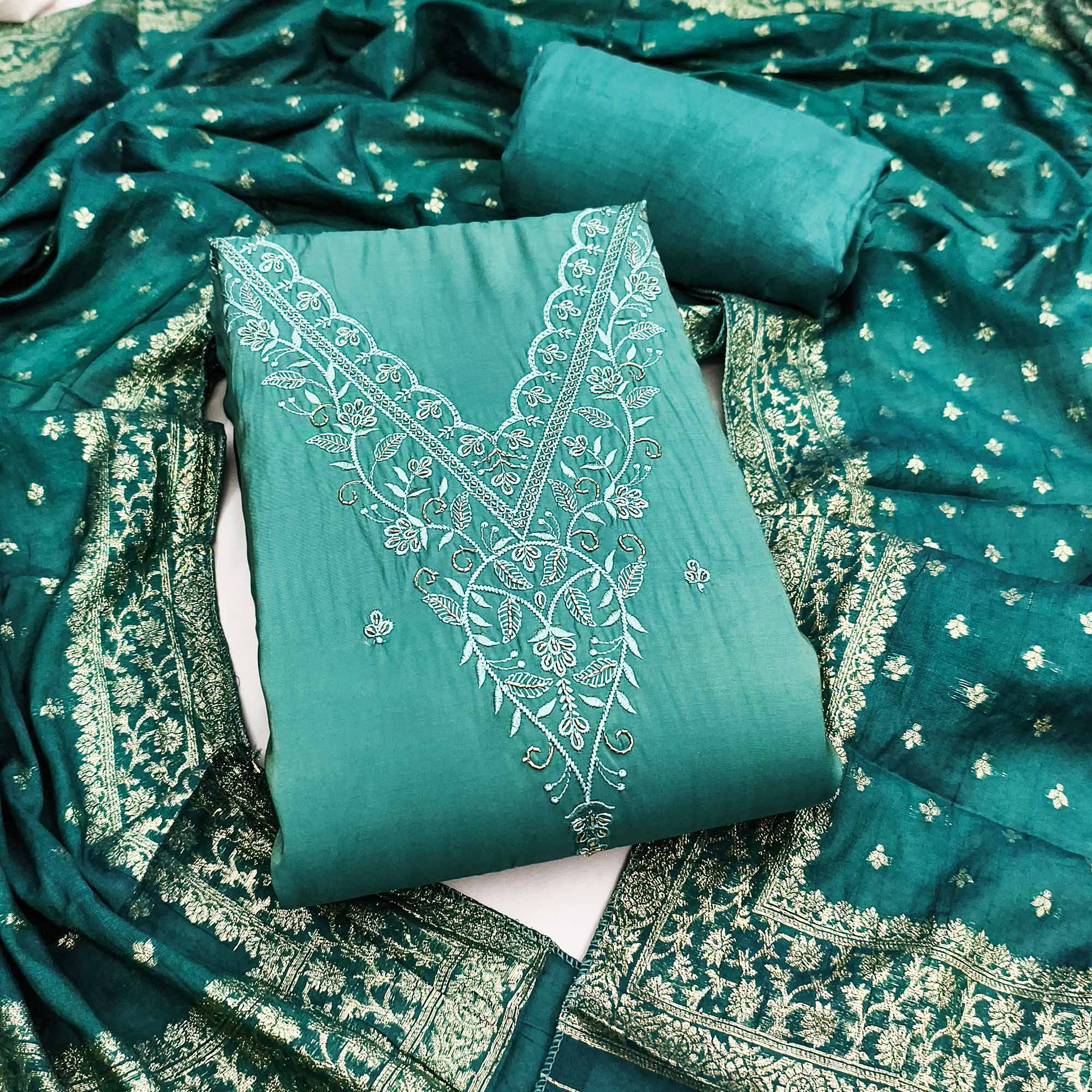 Exclusive Teal Floral Embroidery Viscose Dress Material Enhanced With Cutdana Handwork Accents