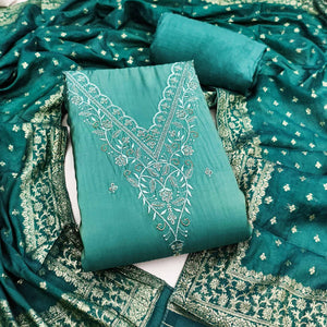 Exclusive Teal Floral Embroidery Viscose Dress Material Enhanced With Cutdana Handwork Accents