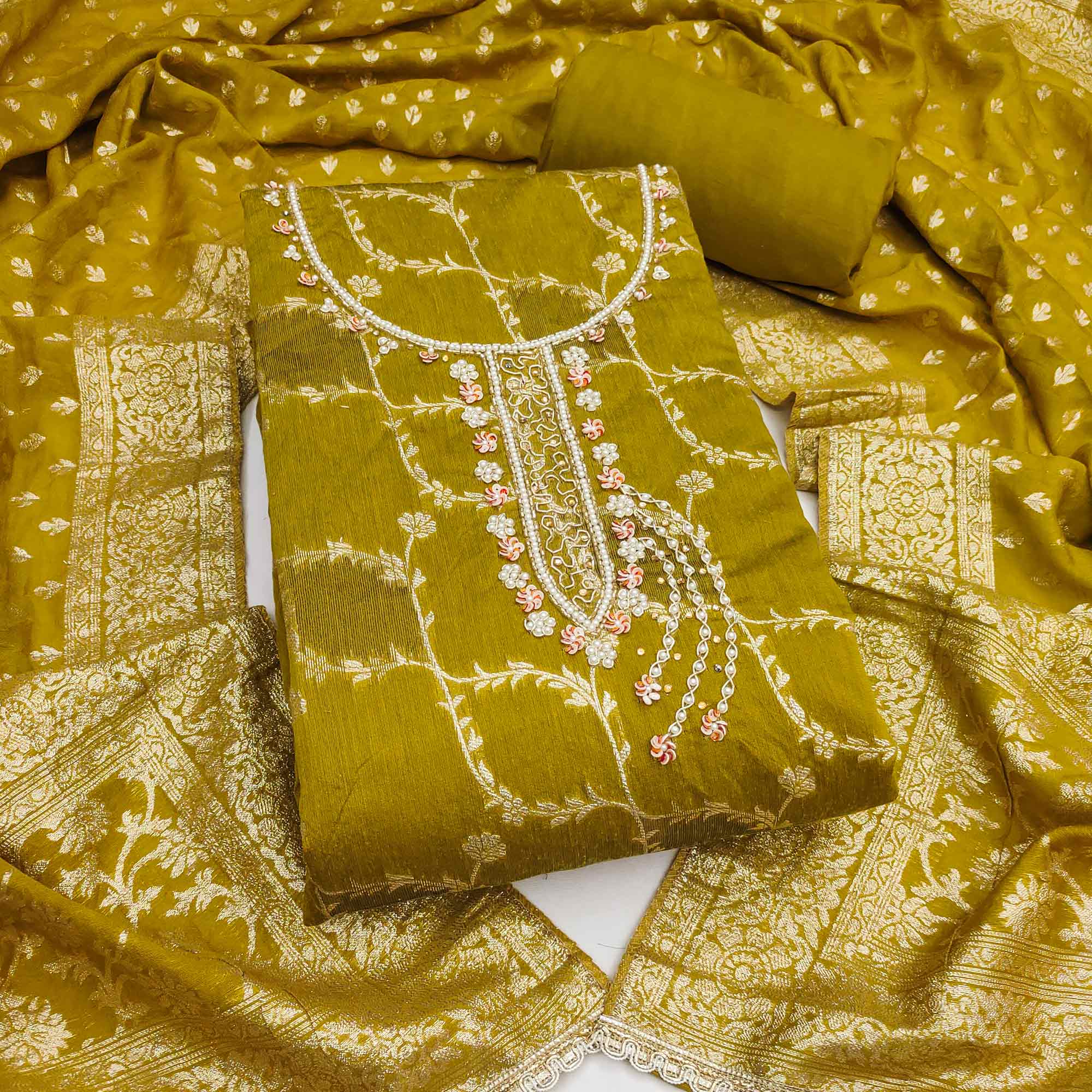 Dark Mustard Floral Weaving Banarasi Silk Dress Material Featuring Sequins & Moti Handwork