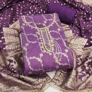 Purple Floral Weaving Banarasi Silk Dress Material Featuring Sequins & Moti Handwork